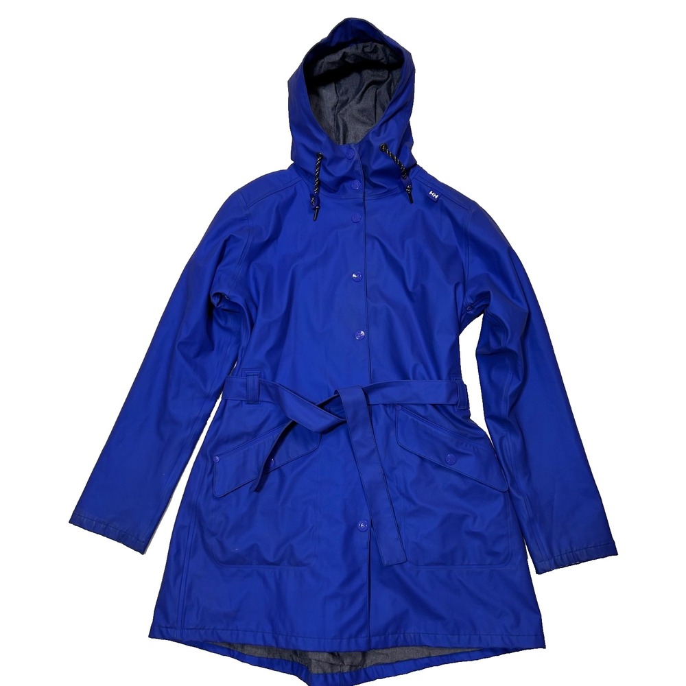 Helly Hansen Kirkwall Rain Jacket Womens S Blue Belted Hooded Waterproof Coat